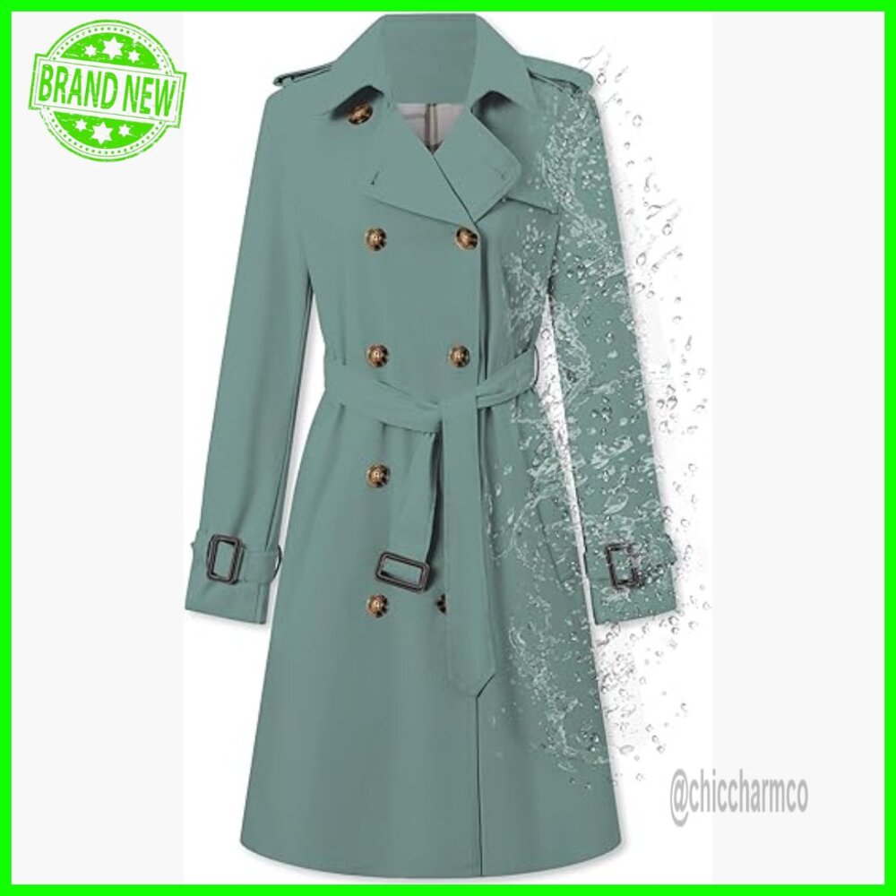 Waterproof Double Breasted Trench Coat With Belt, Fitted Polyester
